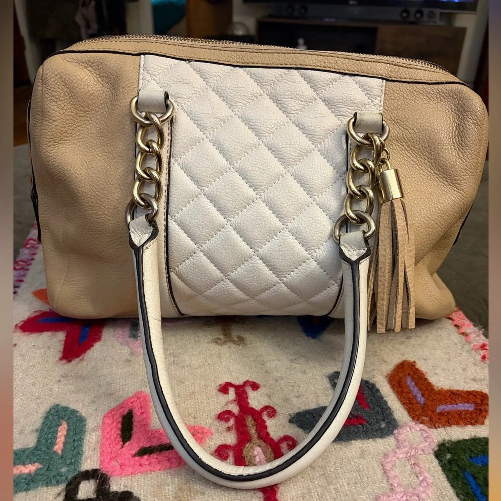 Calvin Klein White and Tan leather Quilted Shoulder Bag